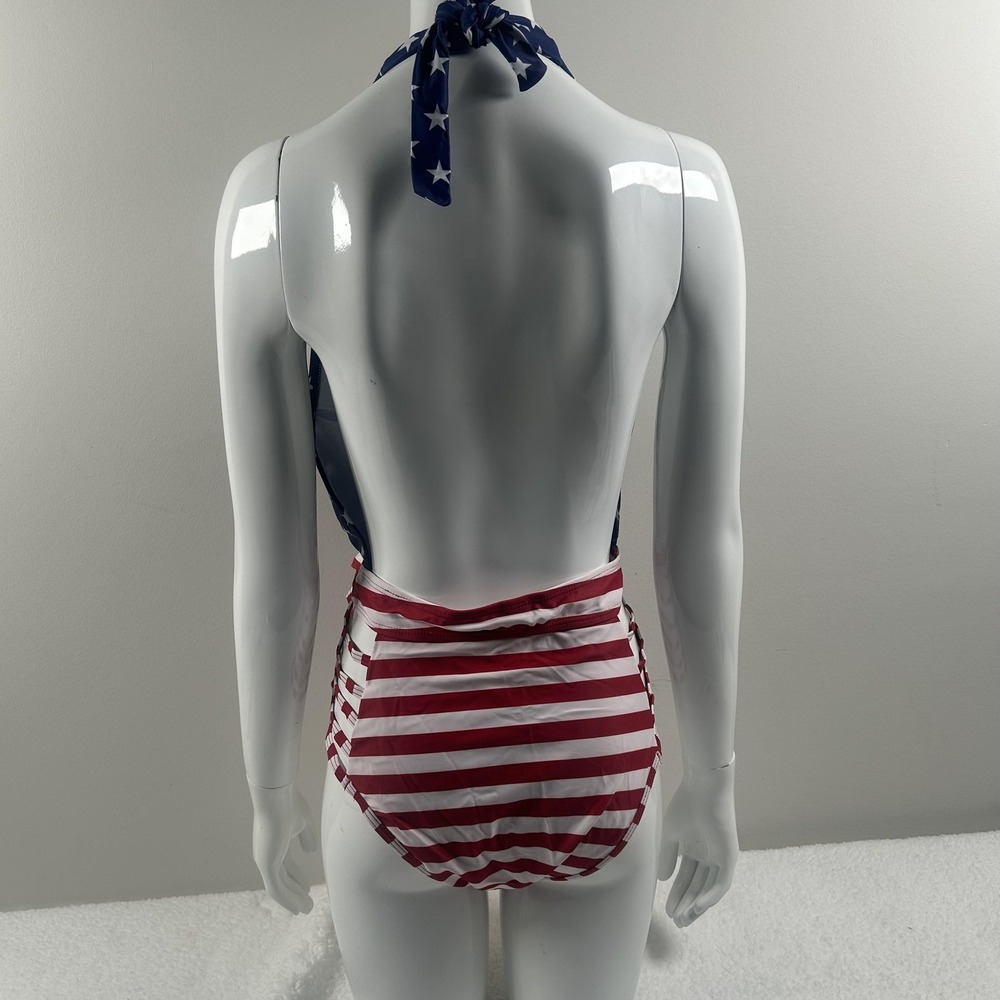 Aqua Eve Swimsuit Womens Medium USA Flag Star Stripe Halter One Piece Patriotic - Picture 2 of 13